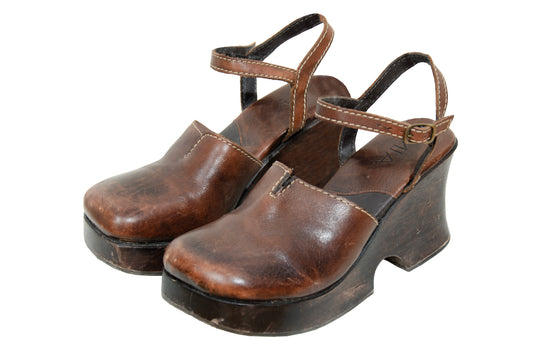 90s Mia brown leather wood split sole chunky platform clogs - Made in Brazil