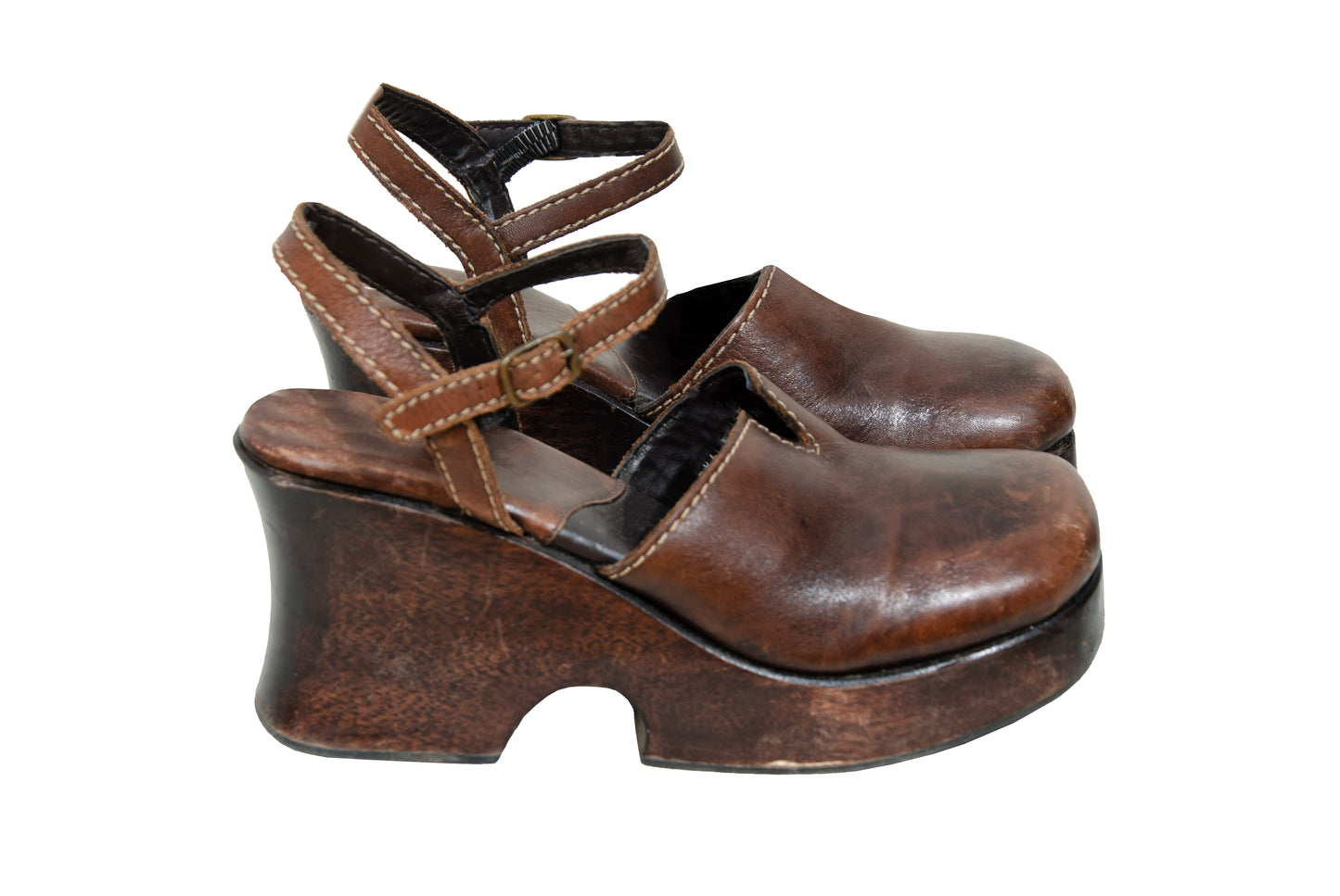 90s Mia brown leather wood split sole chunky platform clogs - Made in Brazil