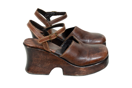 90s Mia brown leather wood split sole chunky platform clogs - Made in Brazil