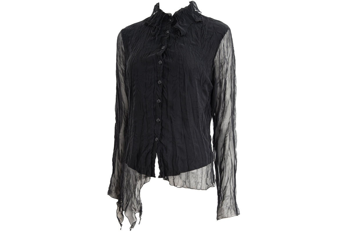 Vintage black sheer permanent pleats crinkled black blouse - Made in France
