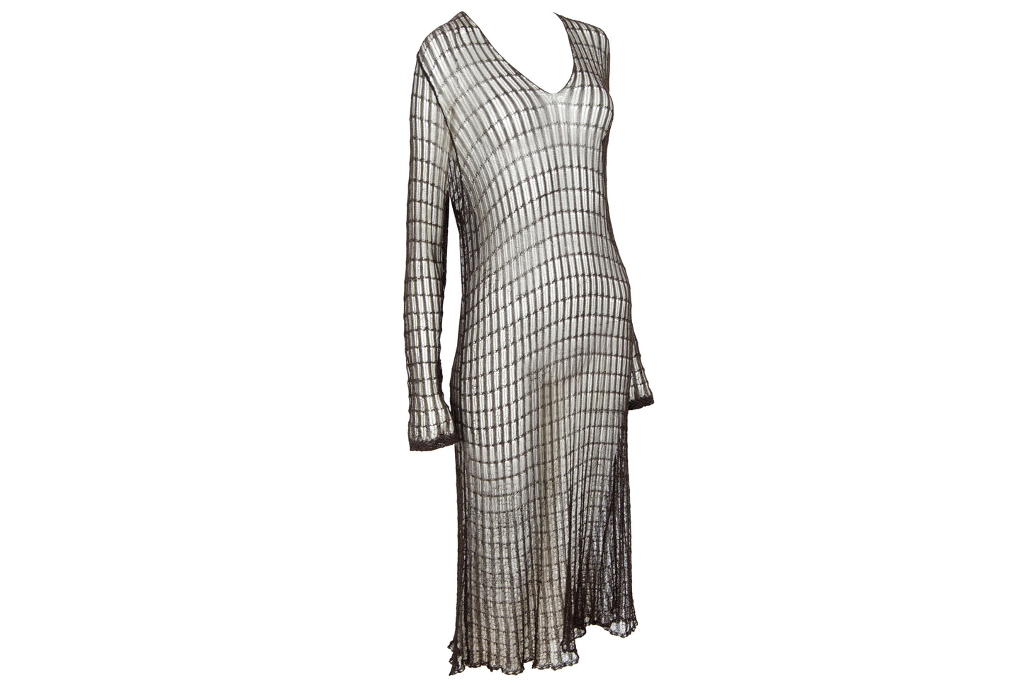Vintage Dries Van Noten sheer open knit long sleeve brown dress
