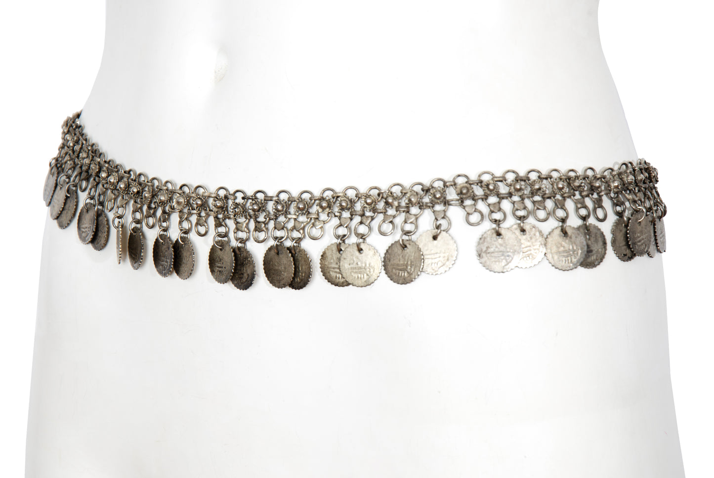 1970s Afghan Kuchi style silver tone metal chain belt with coin charms