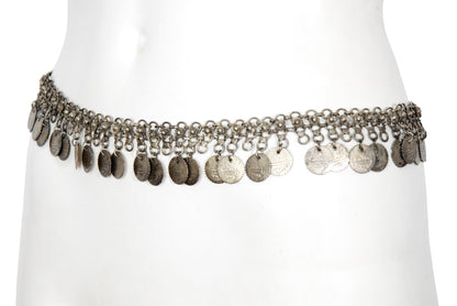 1970s Afghan Kuchi style silver tone metal chain belt with coin charms