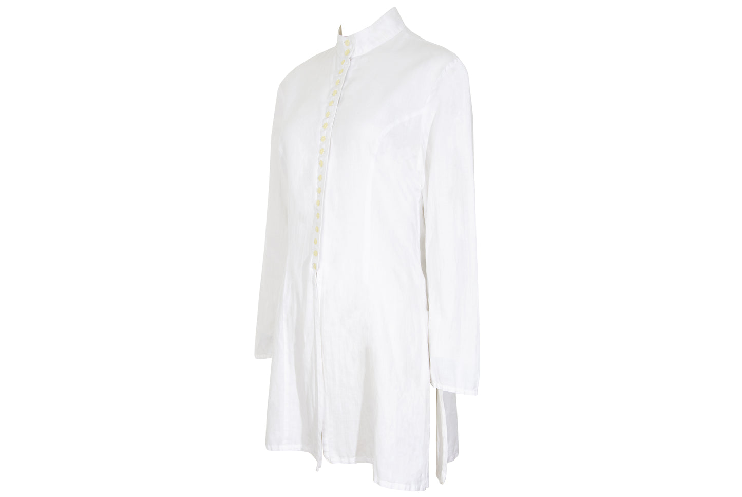 90s minimalist white cotton shirt with multi-button closure and stand collar