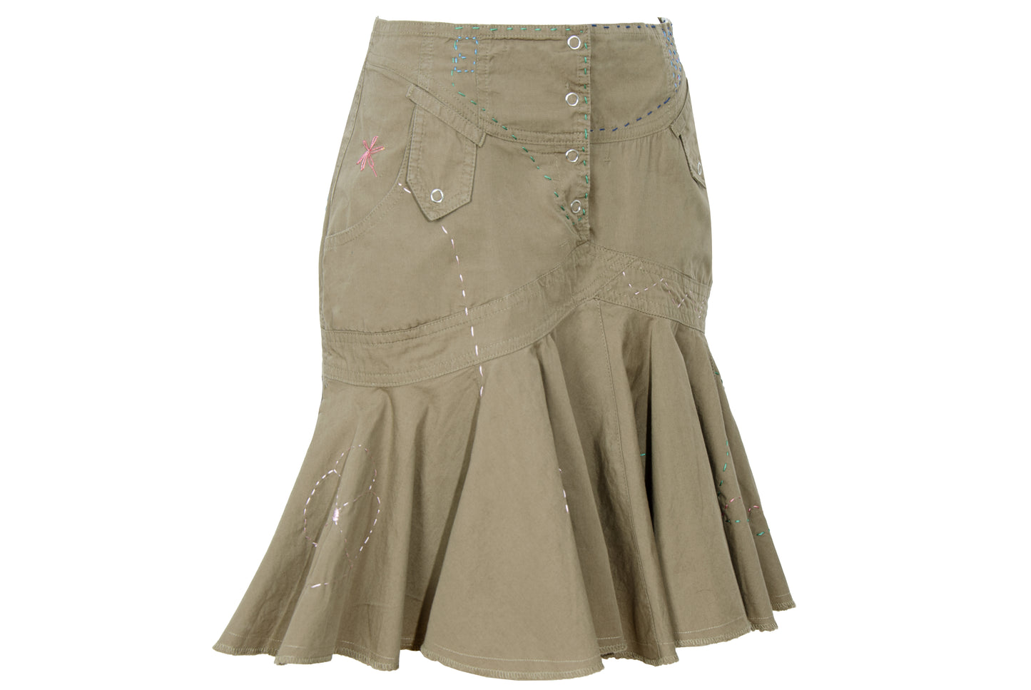 2000s Gaetano Navarra olive ruffled mini skirt with embroideries and decorative stitching