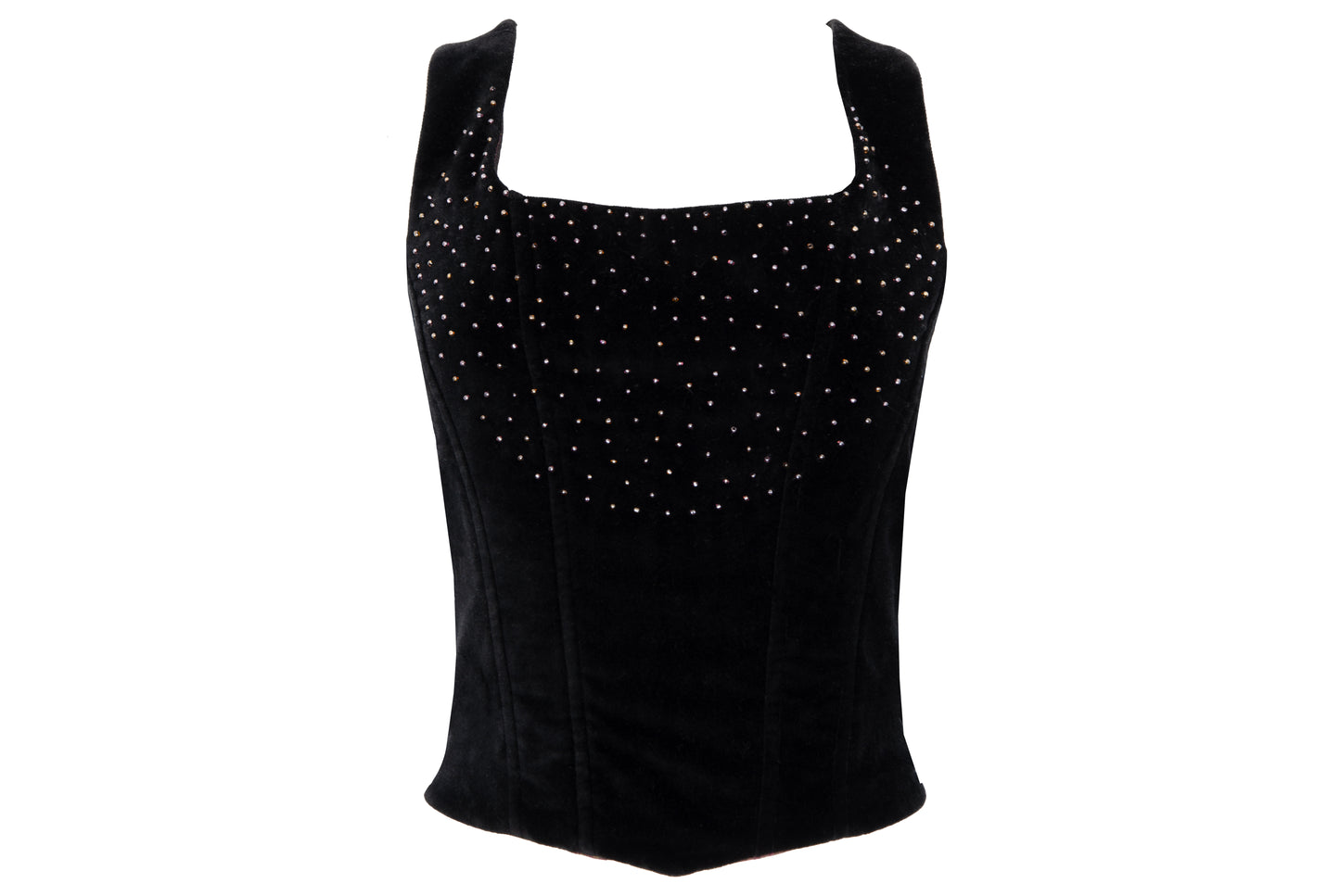 1990s Nicole Cadine black velvet corset with crystal beads and lace-up back