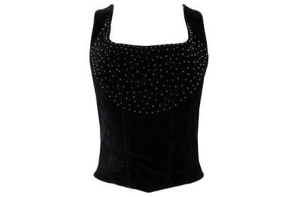 1990s Nicole Cadine black velvet corset with crystal beads and lace-up back