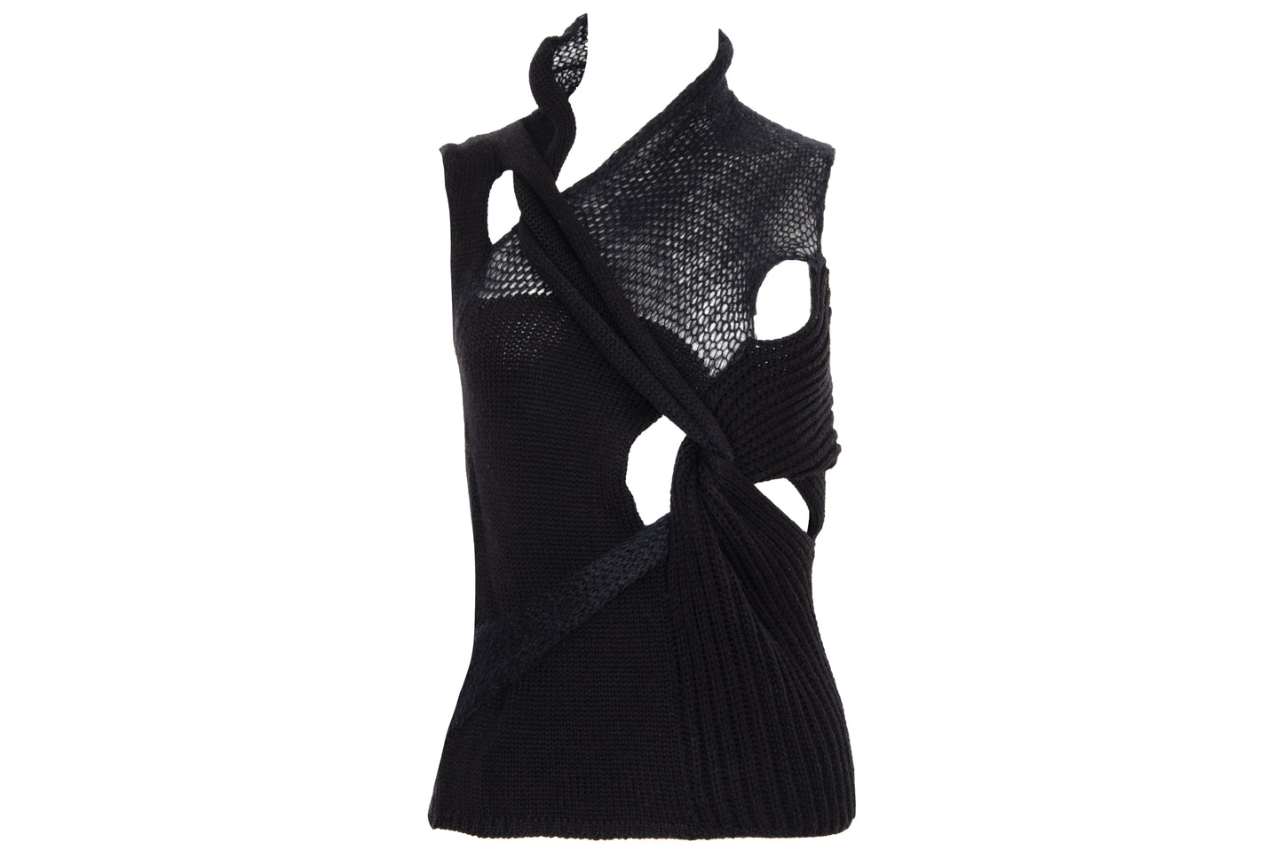 2000s avant garde black fuzzy mohair deformed knit cut out sleeveless top - Italian vintage