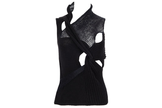 2000s avant garde black fuzzy mohair deformed knit cut out sleeveless top - Italian vintage