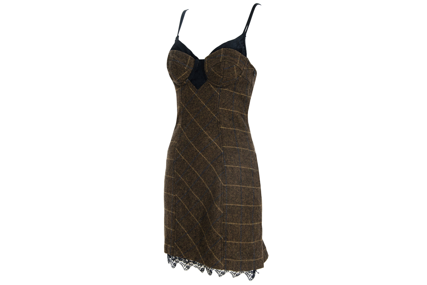 Vintage Italian brand wool plaid lace up corset dress with underwire cups