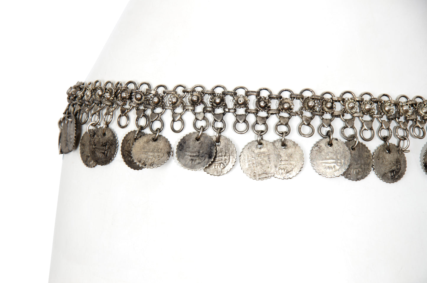 1970s Afghan Kuchi style silver tone metal chain belt with coin charms
