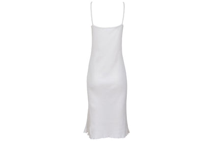 1990s Italian white ribbed cotton slip dress with ruffle lace and satin ribbons details