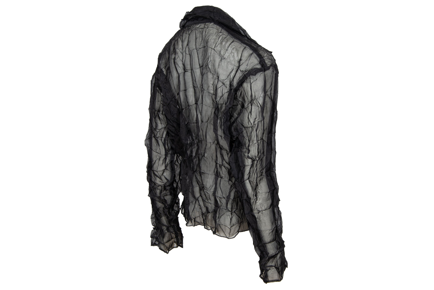 80s French designer permanent pleats sheer black open front blouse