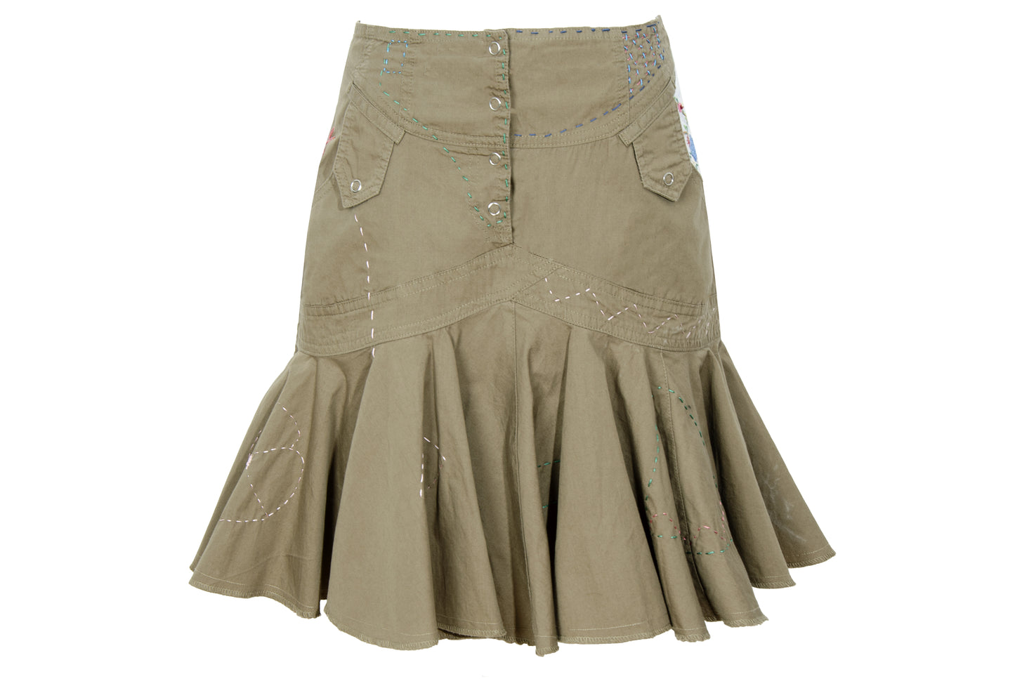2000s Gaetano Navarra olive ruffled mini skirt with embroideries and decorative stitching