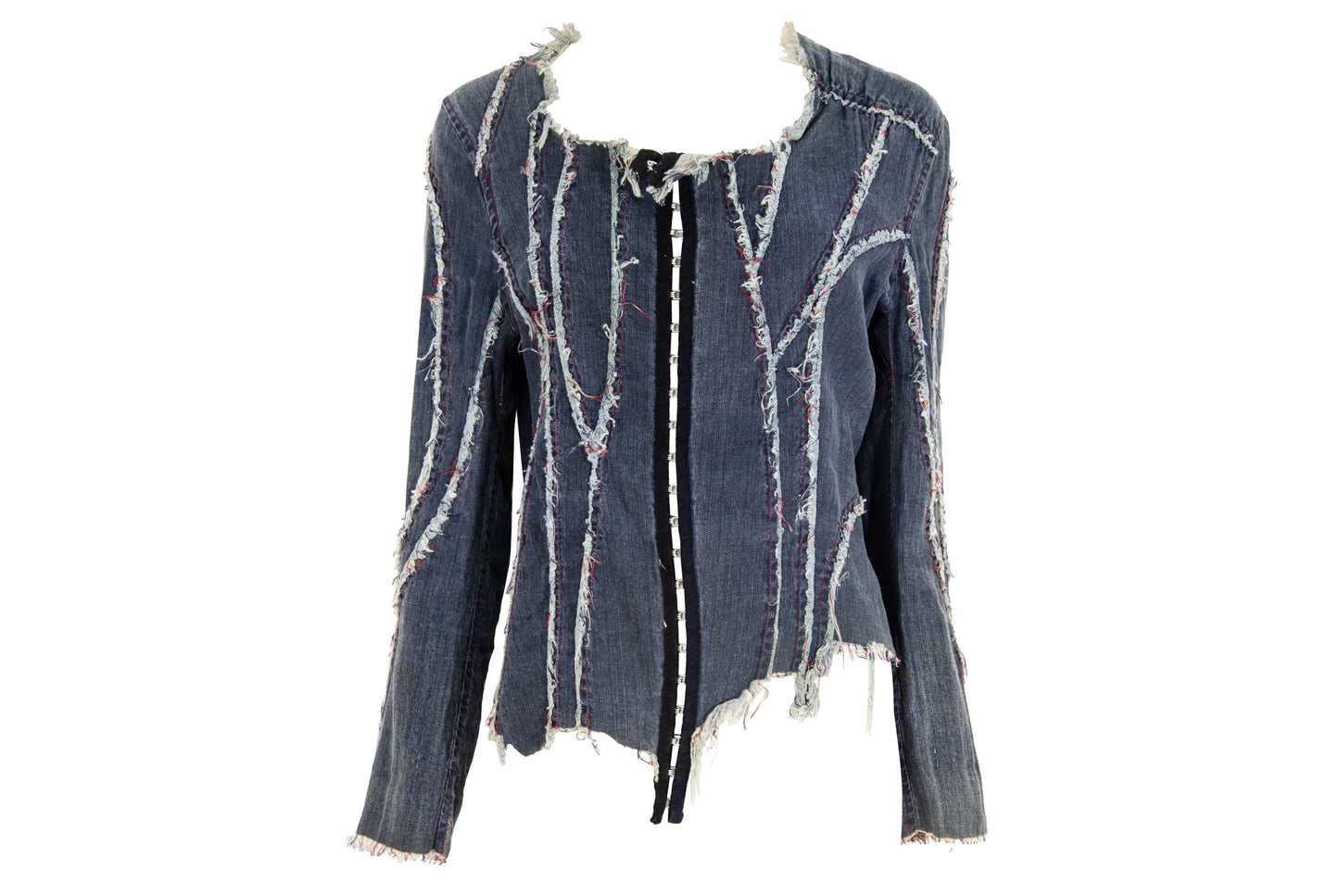 2000s French brand deconstructed denim hook & eye closure distressed denim shirt