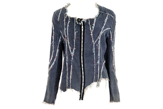 2000s French brand deconstructed denim hook & eye closure distressed denim shirt