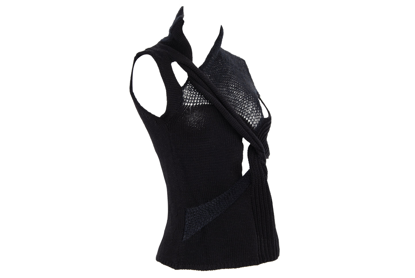 2000s avant garde black fuzzy mohair deformed knit cut out sleeveless top - Italian vintage