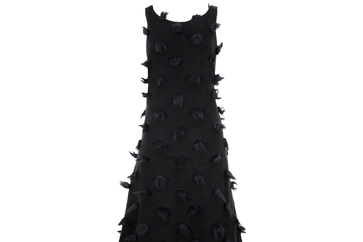 Rare Biche de Bere black boiled wool dress with 3D tufted wool pompom details