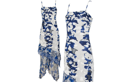 Vintage Italian designer silk abstract print asymmetrical ruffle hem spaghetti strap mermaid dress